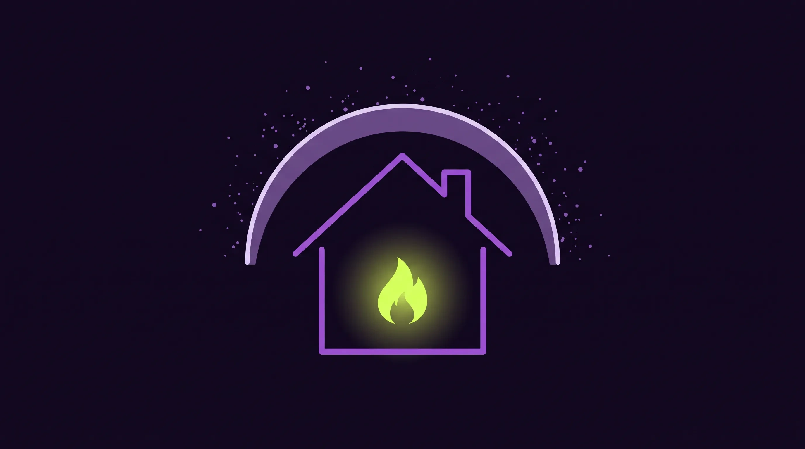 A violet house outline sheltering a glowing lime flame, under a larger protective canopy, with a field of network noise held outside